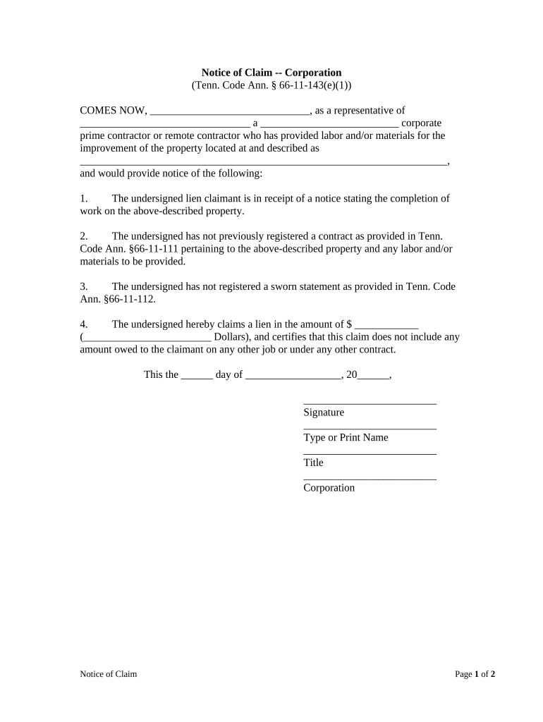Notice of Claim by Corporation Tennessee  Form