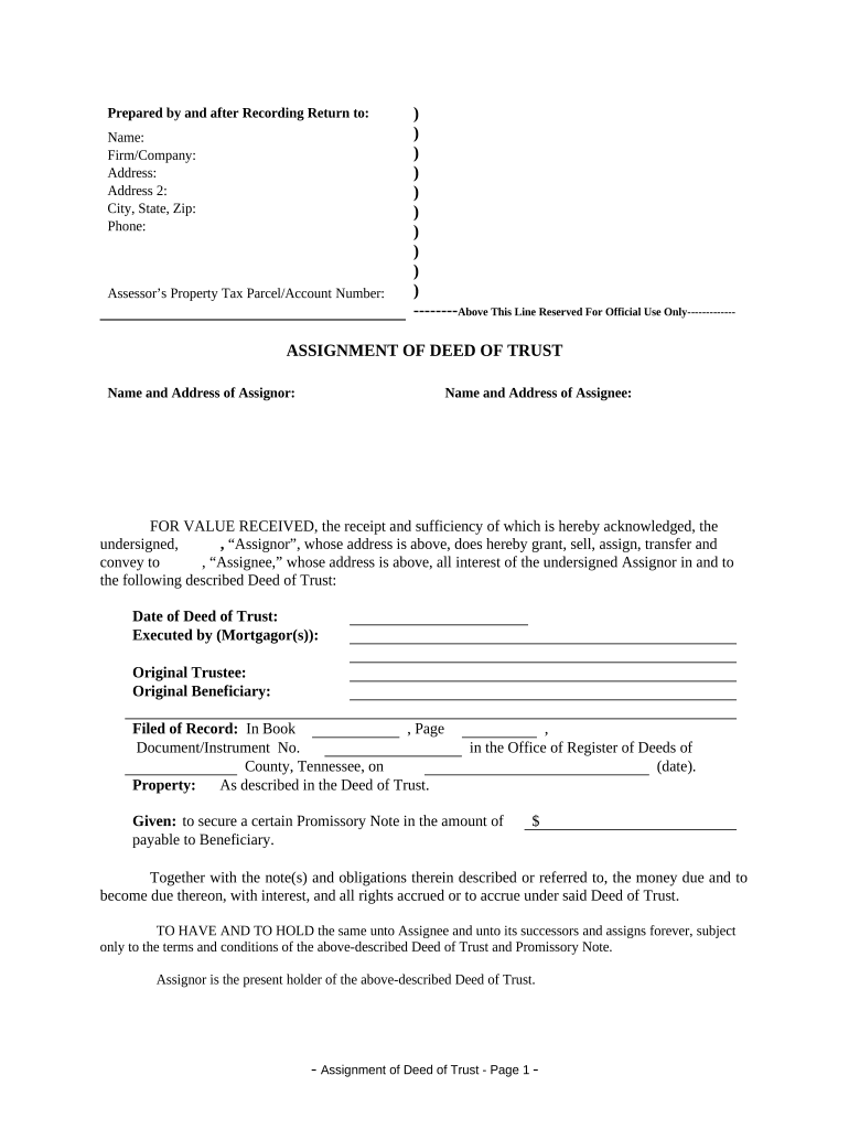Assignment of Deed of Trust by Individual Mortgage Holder Tennessee  Form