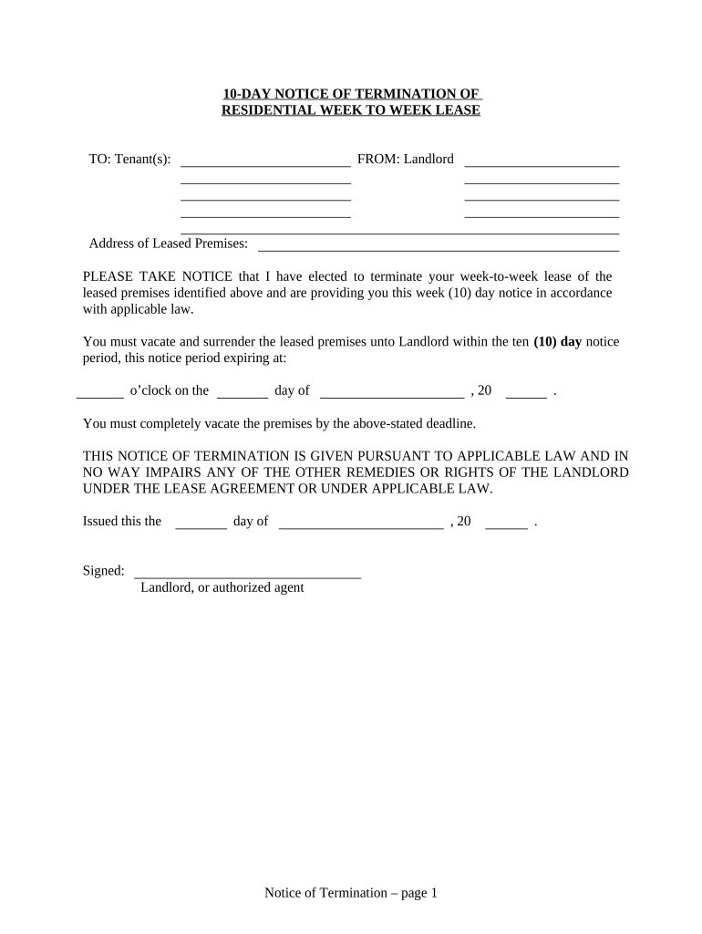 10 Day Notice to Terminate Week to Week Lease for Residential from Landlord to Tenant Tennessee  Form