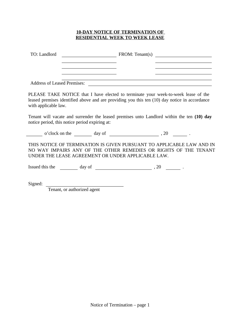 10 Day Notice to Terminate Week to Week Lease for Residential Property from Tenant to Landlord Tennessee  Form