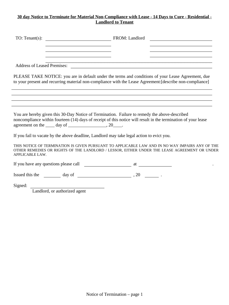 30 Day Notice to Terminate for Material Noncompliance with Lease 14 Days to Cure for Residential from Landlord to Tenant Tenness  Form