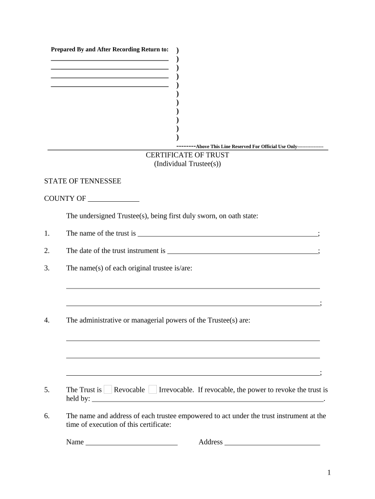 Tennessee Certificate of Trust by Individual Tennessee  Form