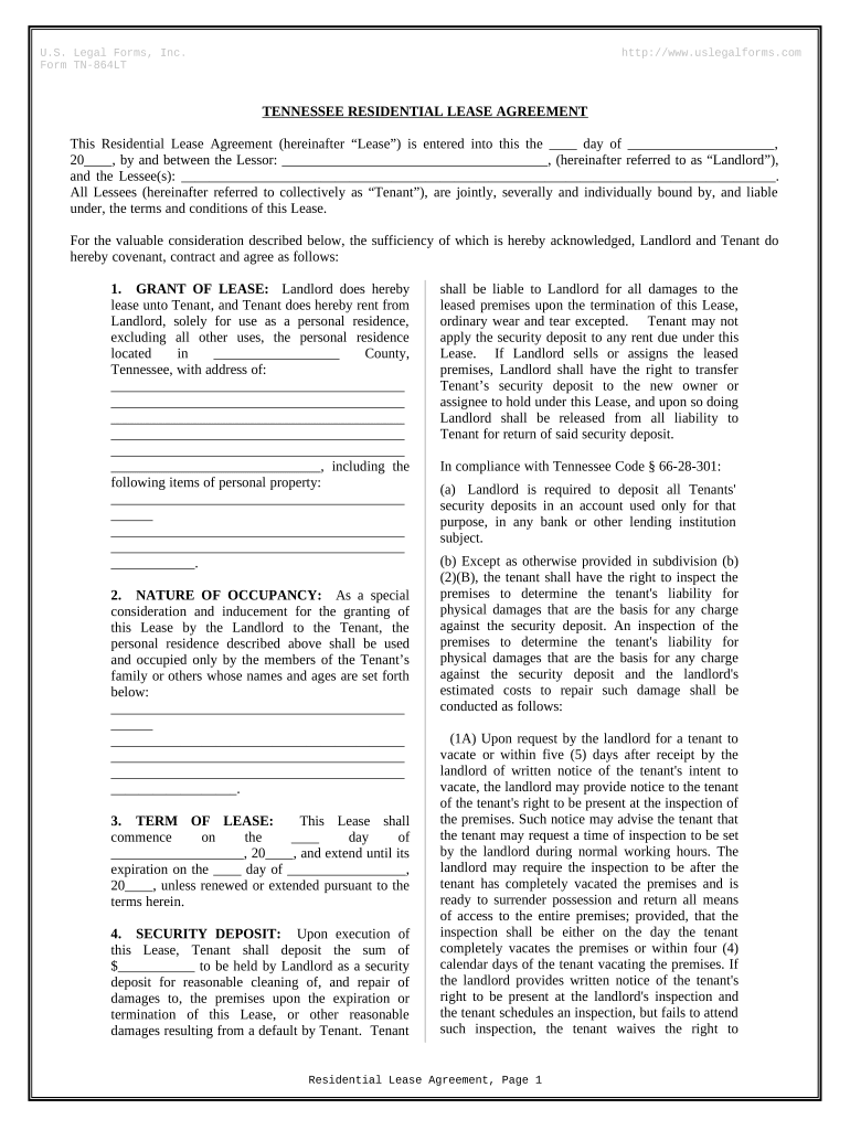 Residential Rental Lease Agreement Tennessee  Form