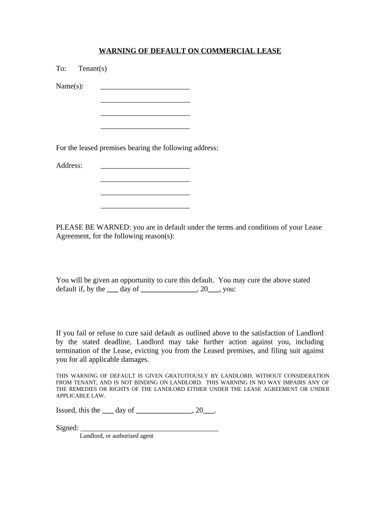 Warning of Default on Commercial Lease Tennessee  Form