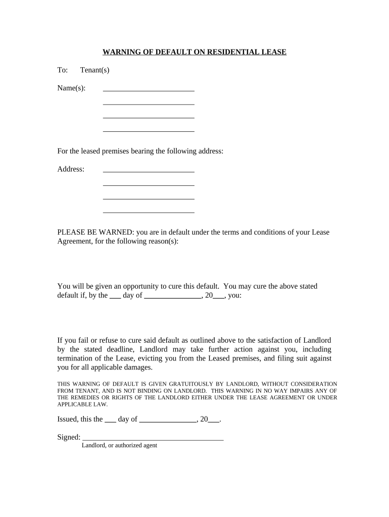 Warning of Default on Residential Lease Tennessee  Form