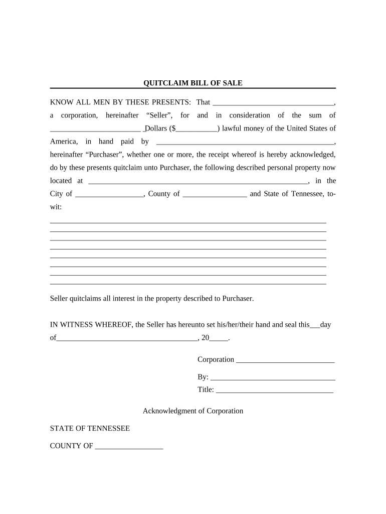 Bill of Sale Without Warranty by Corporate Seller Tennessee  Form