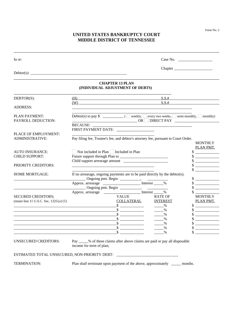 Chapter 13 Plan Tennessee  Form
