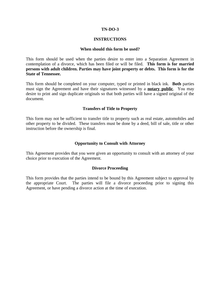 Marital Domestic Separation and Property Settlement Agreement Adult Children Parties May Have Joint Property or Debts Where Divo  Form