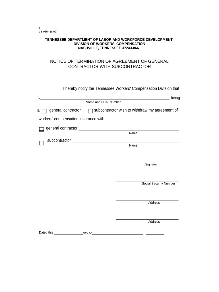 Notice of Termination of Agreement General Contractor for Workers' Compensation Tennessee  Form