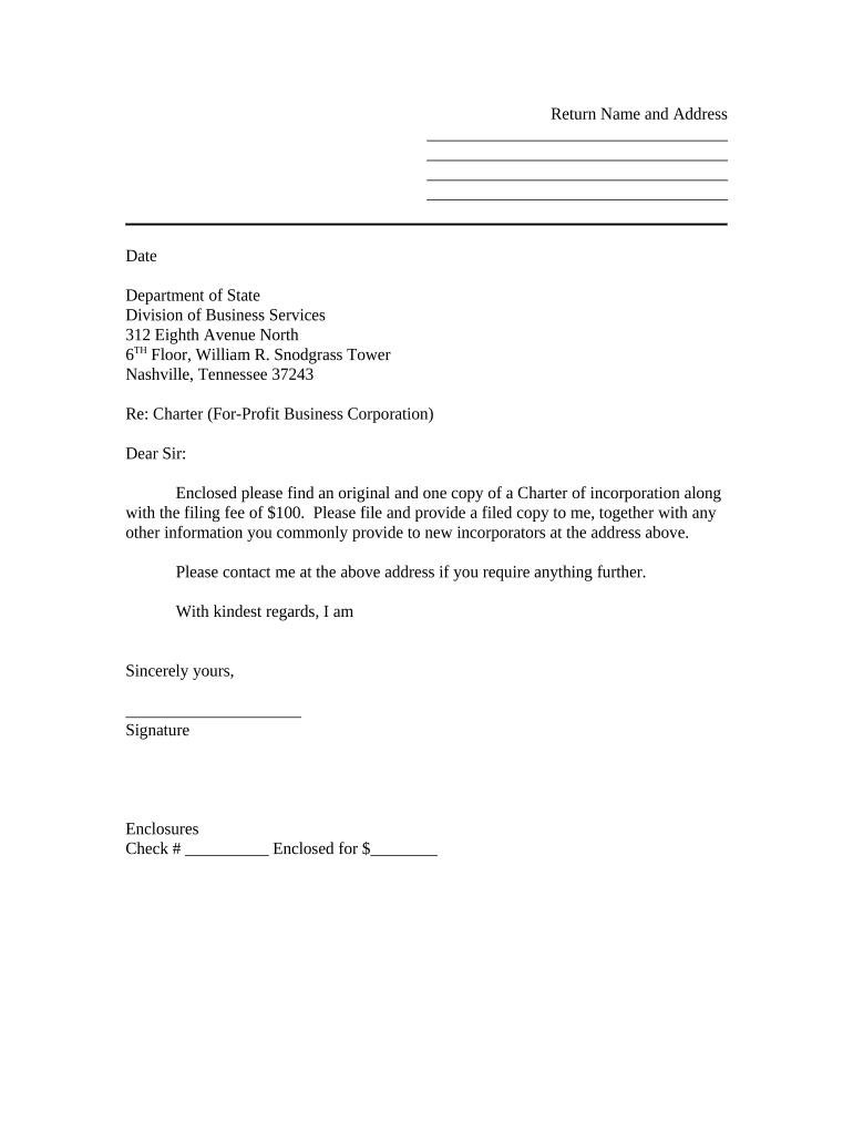 Sample Transmittal Letter to Secretary of State's Office to File Articles of Incorporation Tennessee Tennessee  Form