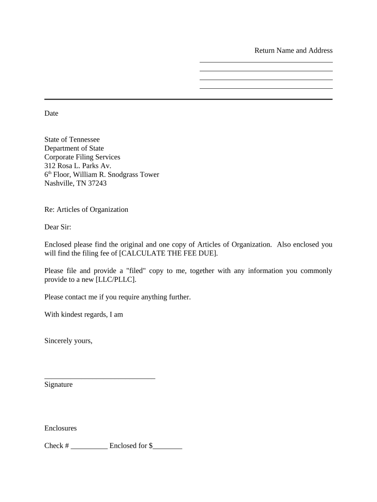 Sample Cover Letter for Filing of LLC Articles or Certificate with Secretary of State Tennessee  Form