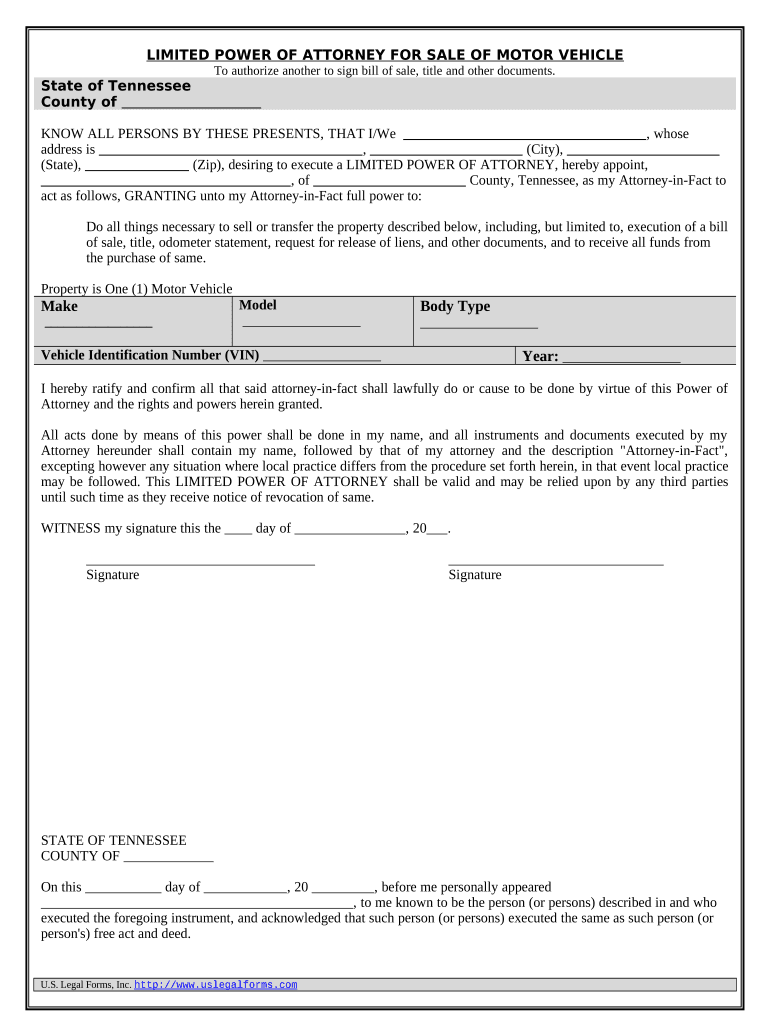 Power of Attorney for Sale of Motor Vehicle Tennessee  Form