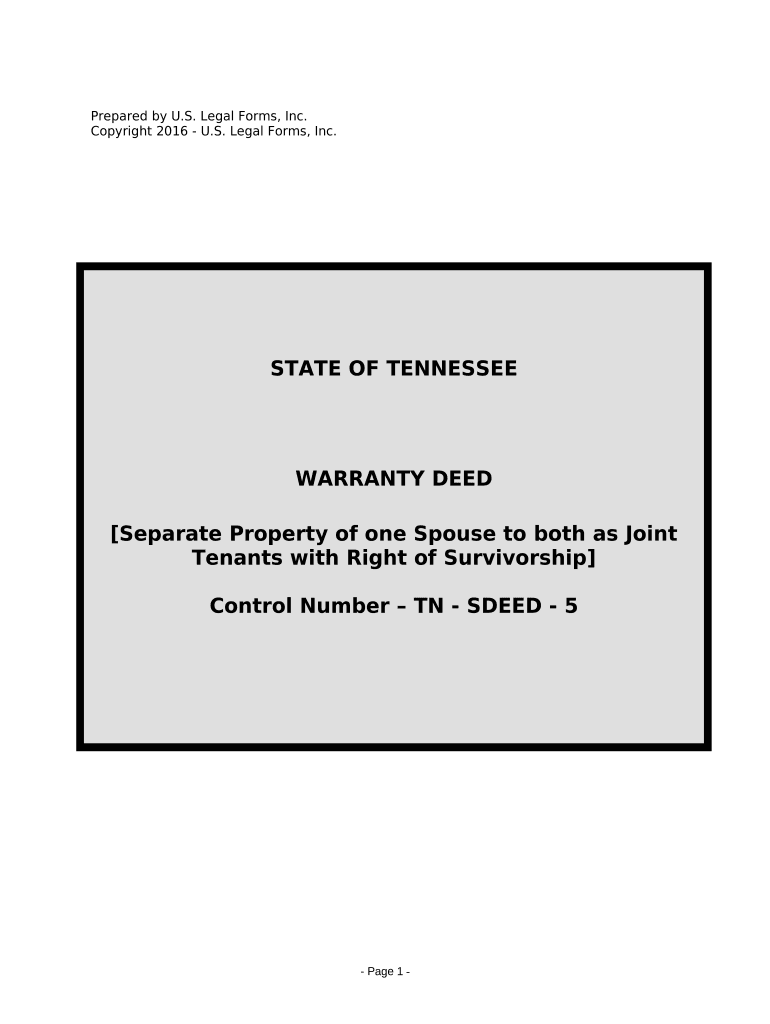 Warranty Deed for Separate Property of One Spouse to Both Spouses as Joint Tenants Tennessee  Form