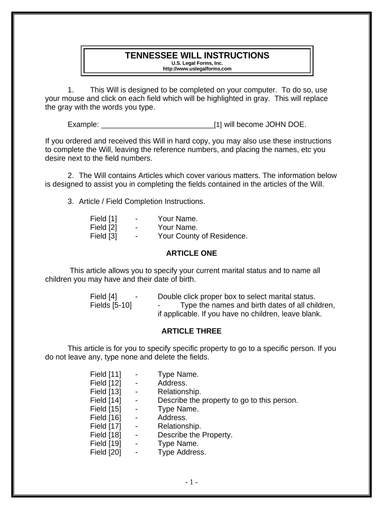 Last Will and Testament for Other Persons Tennessee  Form