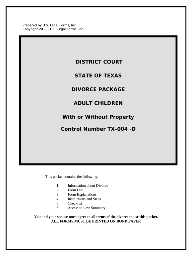 No Fault Uncontested Agreed Divorce Package for Dissolution of Marriage with Adult Children and with or Without Property and Deb  Form