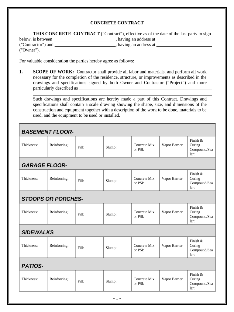 Concrete Mason Contract for Contractor Texas  Form