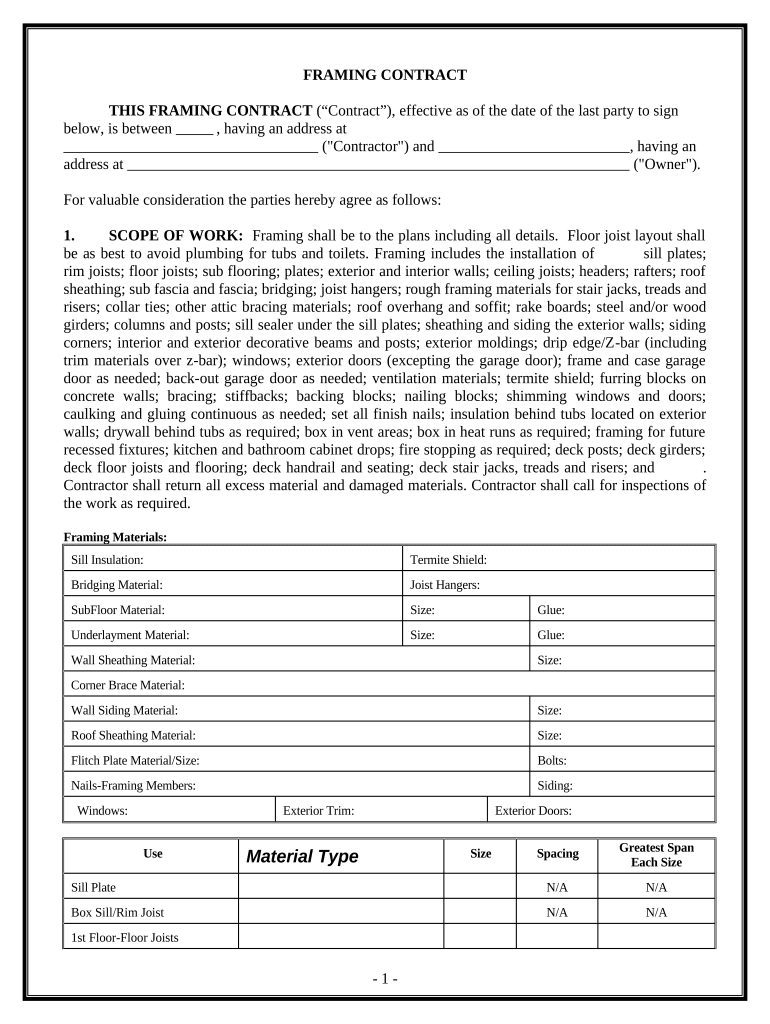 Framing Contract for Contractor Texas  Form