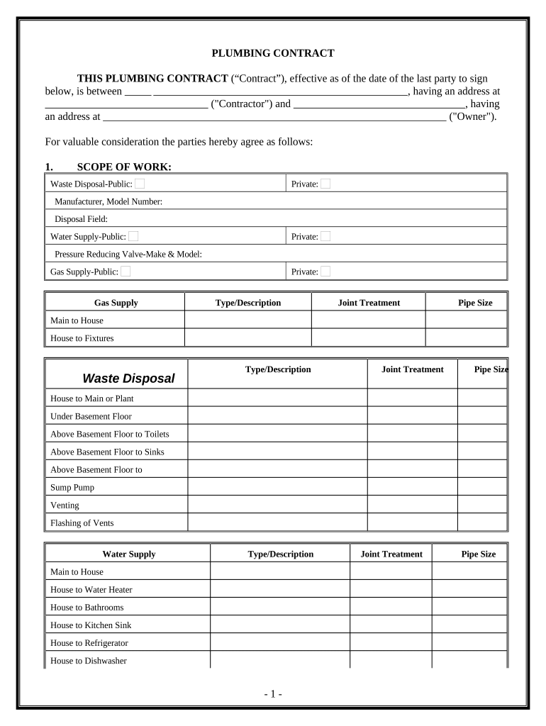 Plumbing Contract for Contractor Texas  Form