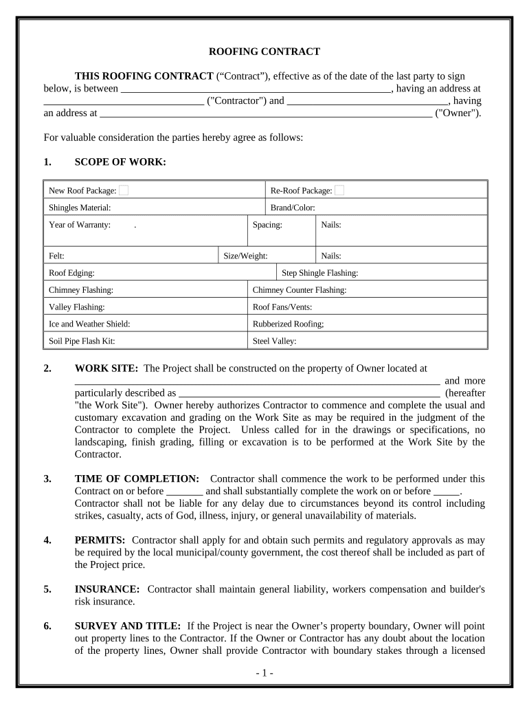 Fill in Blank Printable Roofing Contract Template  Form