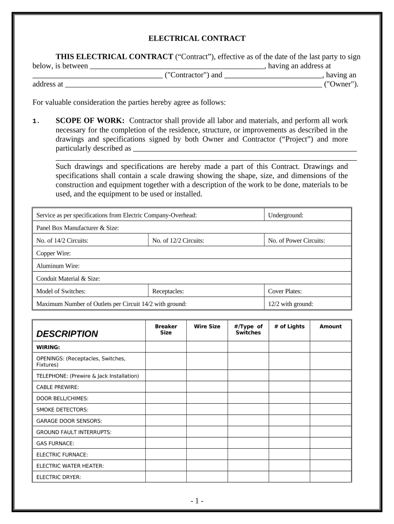 Electrical Contract for Contractor Texas  Form