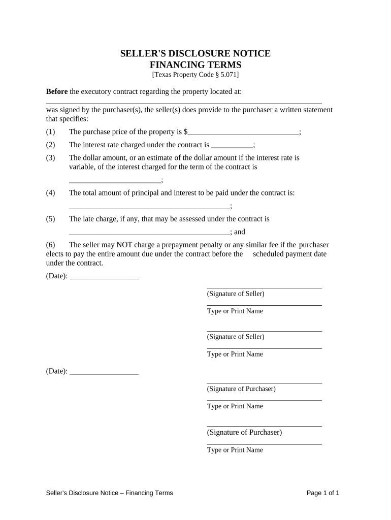 Seller's Disclosure of Financing Terms for Residential Property in Connection with Contract or Agreement for Deed Aka Land Contr  Form