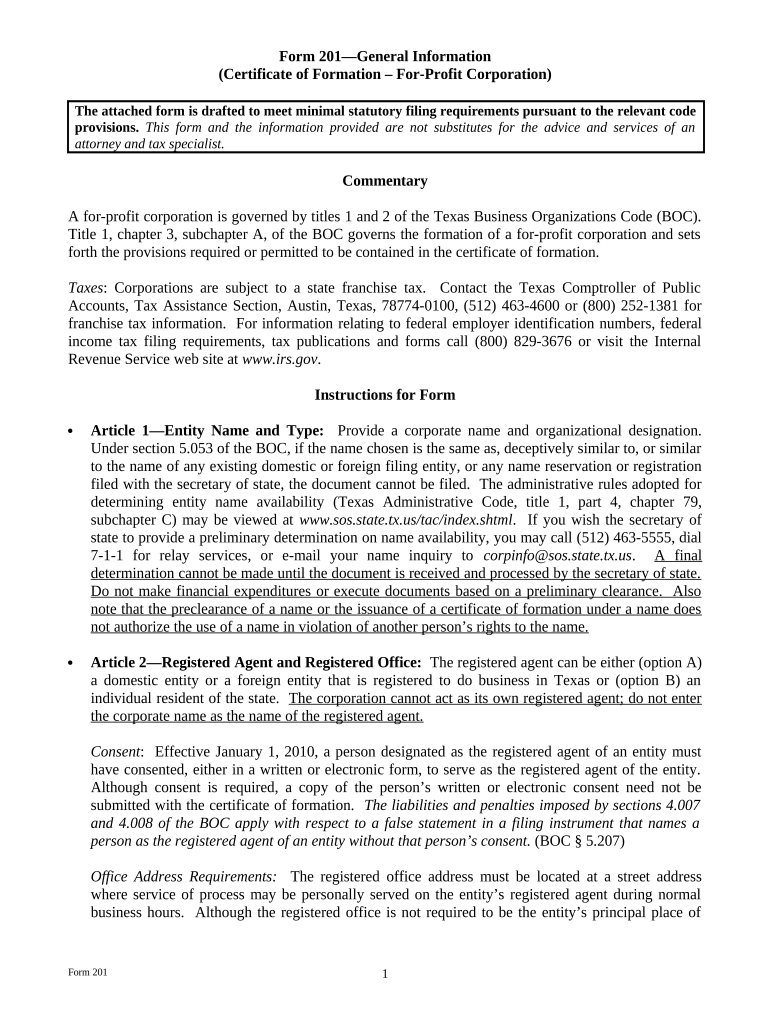 Domestic for Profit Corporation Texas  Form