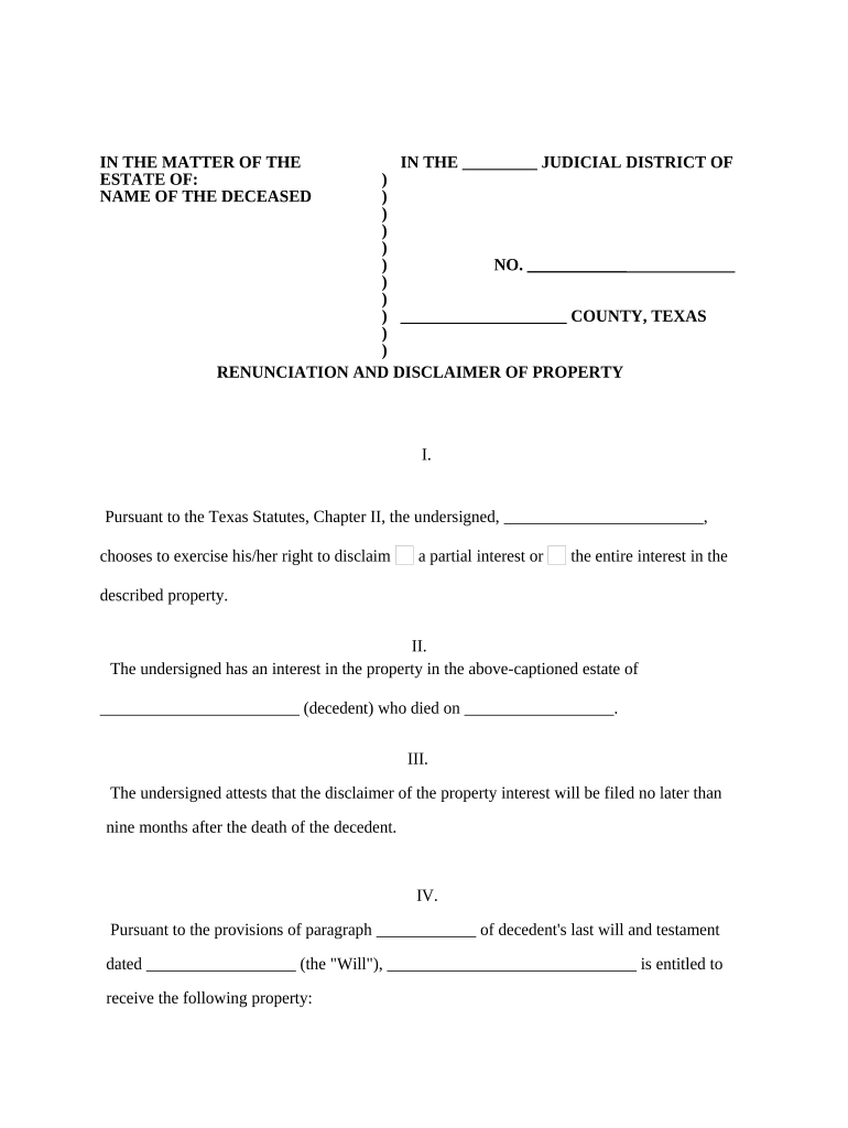 Renunciation and Disclaimer of Property from Will by Testate Texas  Form