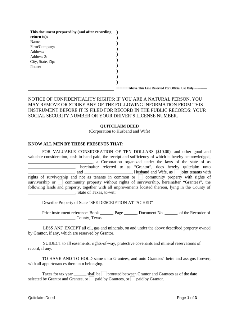 Quitclaim Deed from Corporation to Husband and Wife Texas  Form