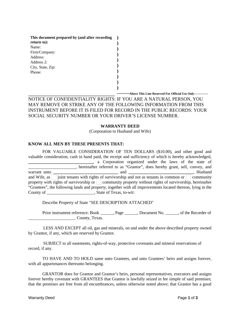 Warranty Deed from Corporation to Husband and Wife Texas  Form