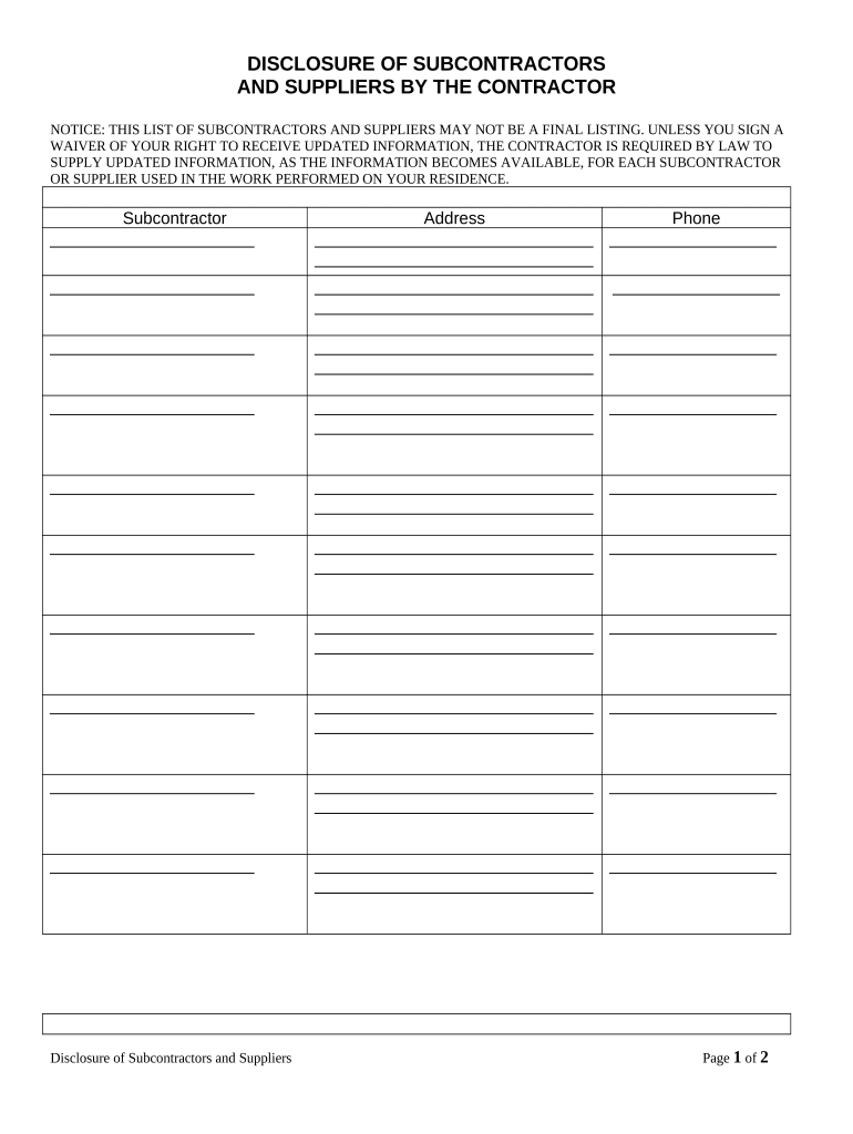 Subcontractors Suppliers  Form