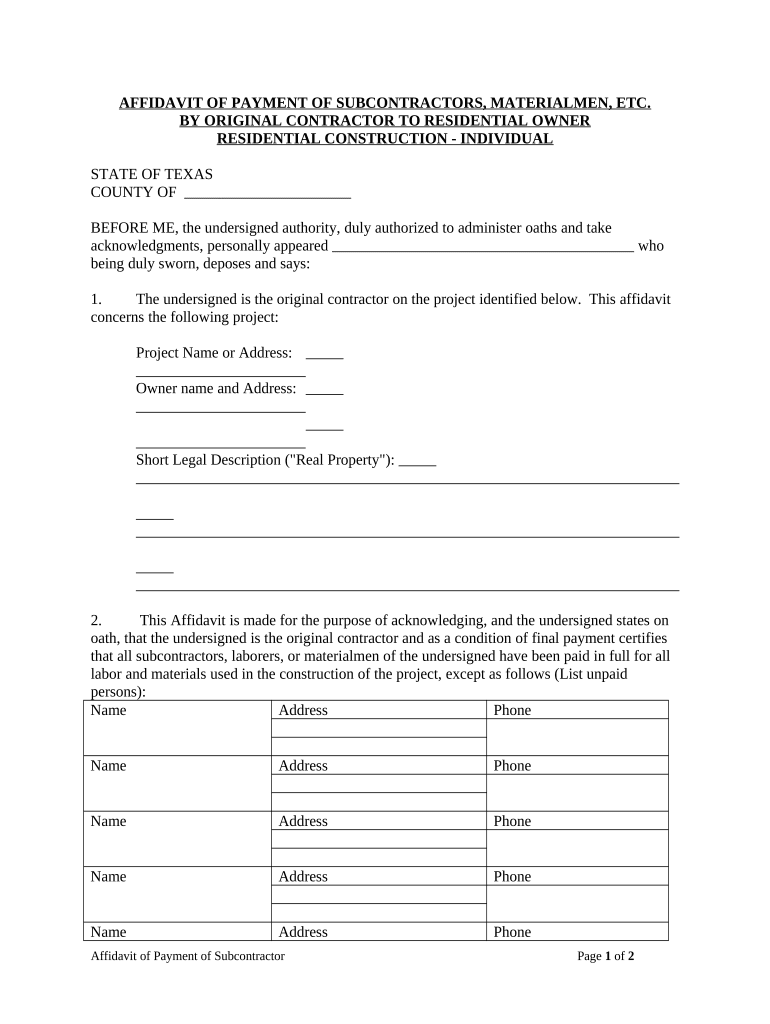 Texas Payment Contractor  Form