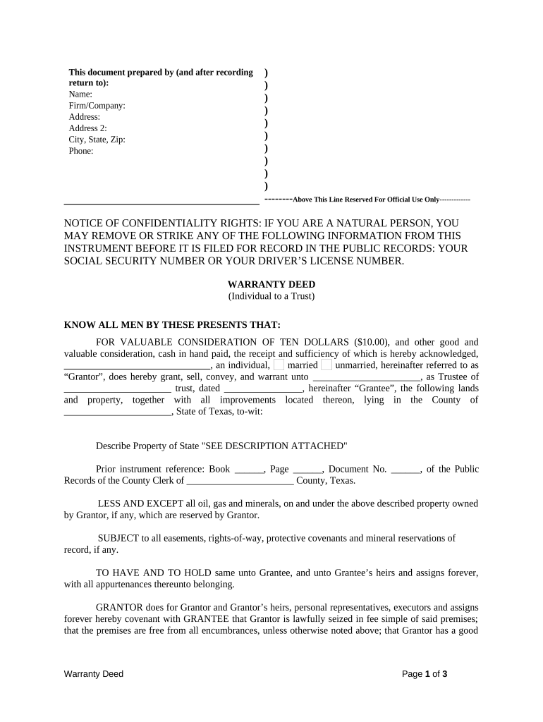 Warranty Deed from Individual to a Trust Texas  Form