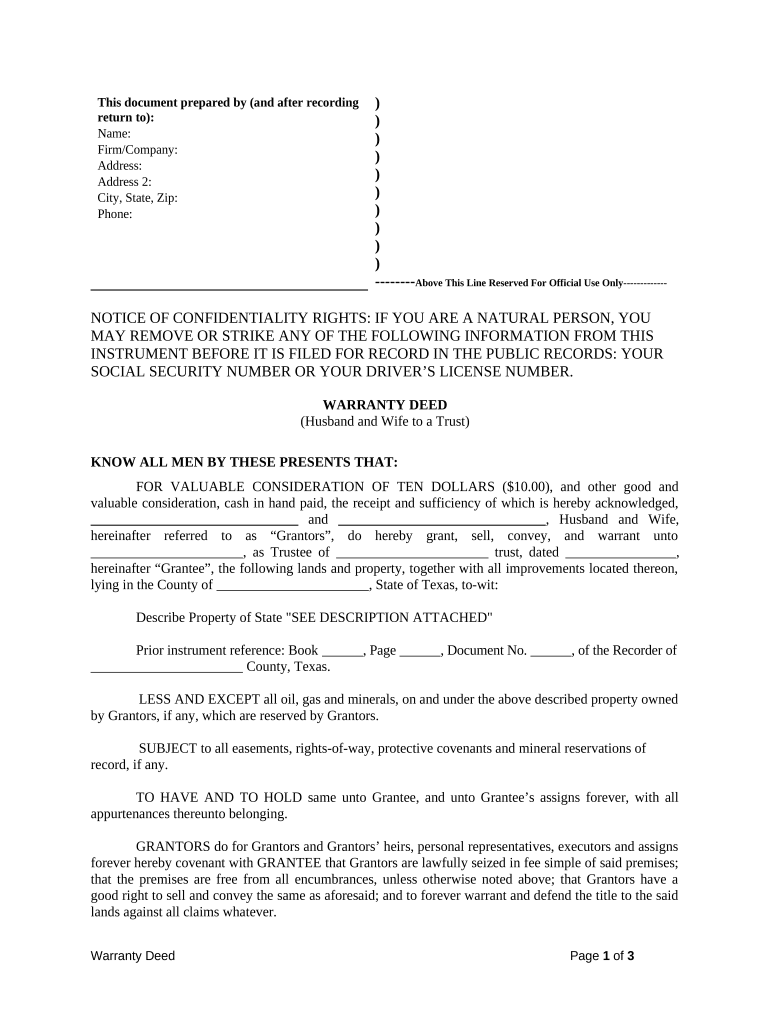 Warranty Deed from Husband and Wife to a Trust Texas  Form