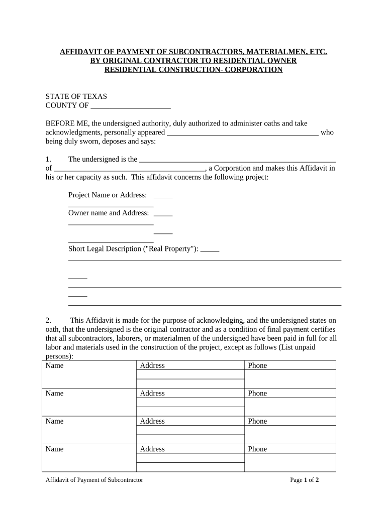 Affidavit of Payment of Subcontractors, Etc by Contractor on Residential Project Mechanics Liens Corporation or LLC Texas  Form