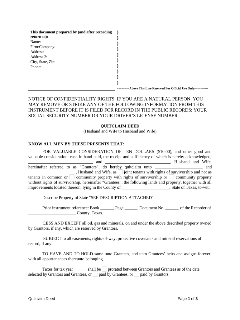 Quitclaim Deed from Husband and Wife to Husband and Wife Texas  Form