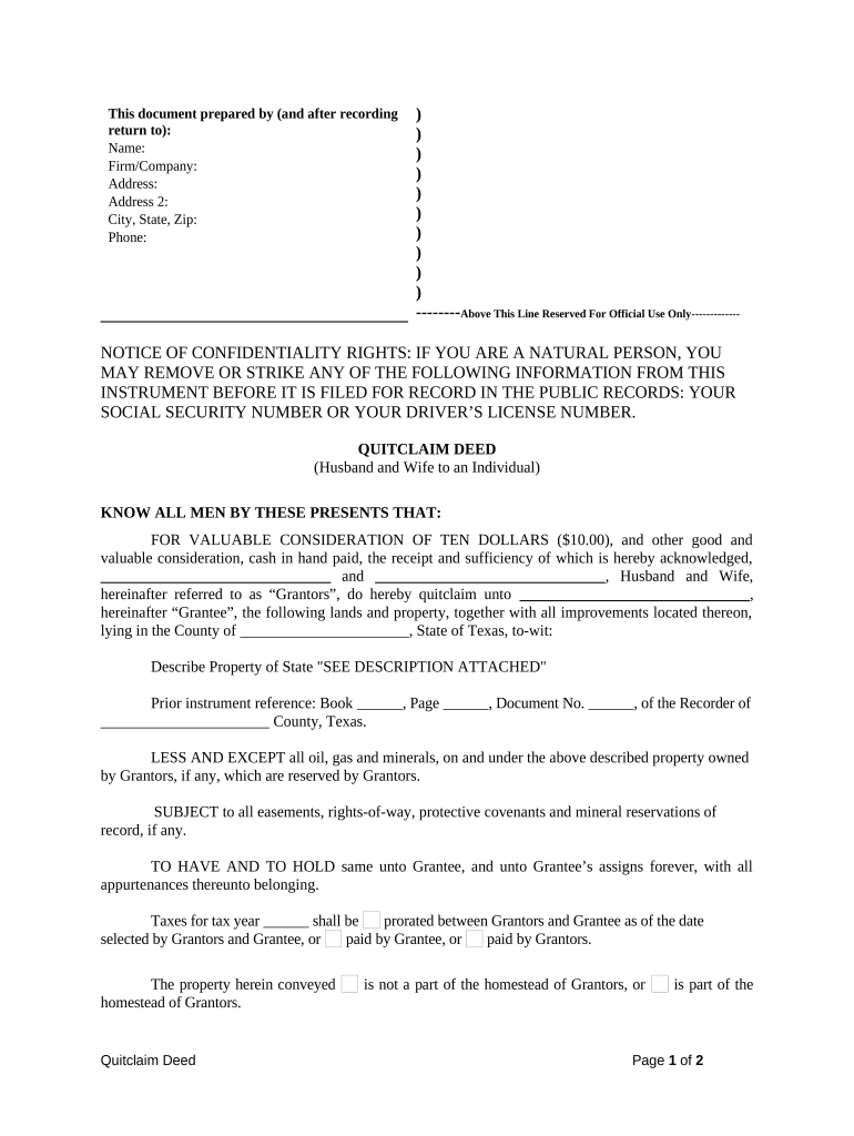 Quitclaim Deed from Husband and Wife to an Individual Texas  Form