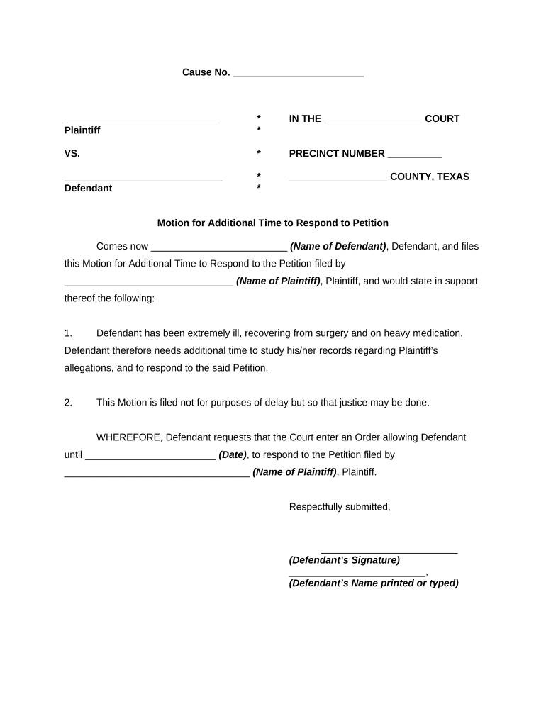 Motion for Additional Time to Respond to Petition Texas  Form