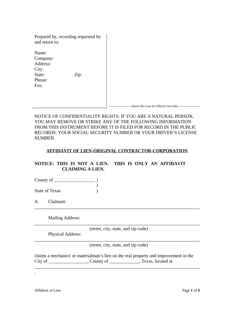 Texas Affidavit Lien  Form