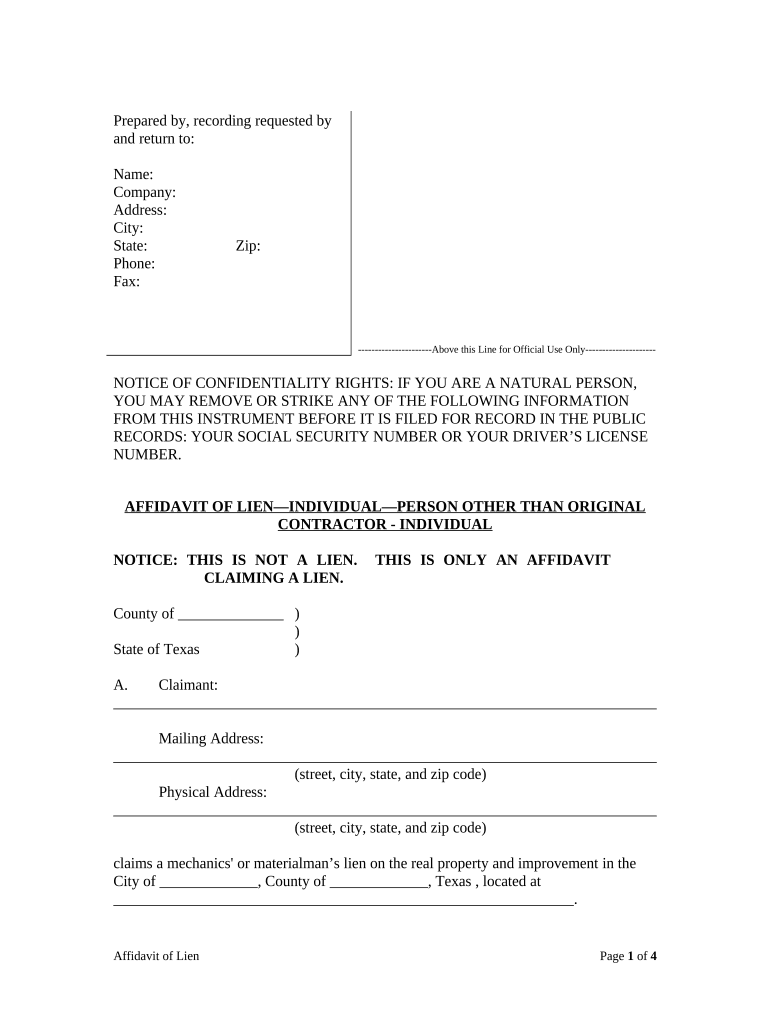 Affidavit of Claim of Lien for Person Other Than Original Contractor Mechanics Liens Individual Texas  Form