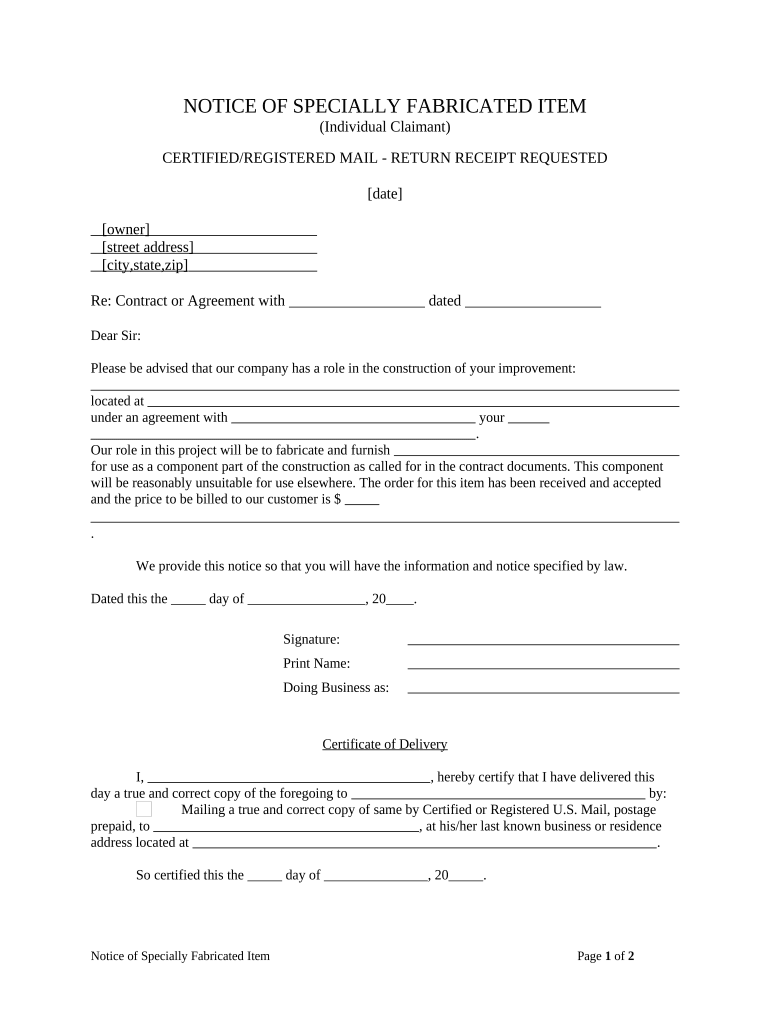 Notice Specially Fabricated Texas  Form
