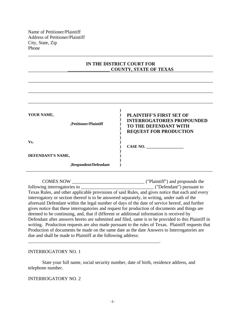 Discovery Interrogatories from Plaintiff to Defendant with Production Requests Texas  Form