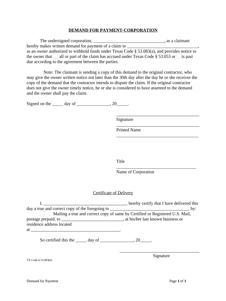 Texas Demand Payment  Form