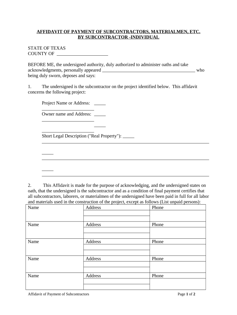 Payment Subcontractor  Form