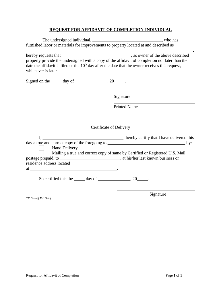 Texas Affidavit Completion  Form