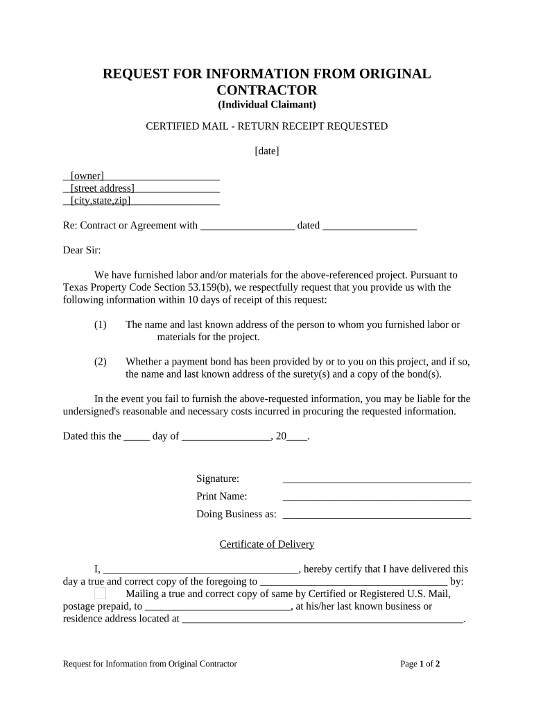 Request for Information from Original Contractor Individual Texas