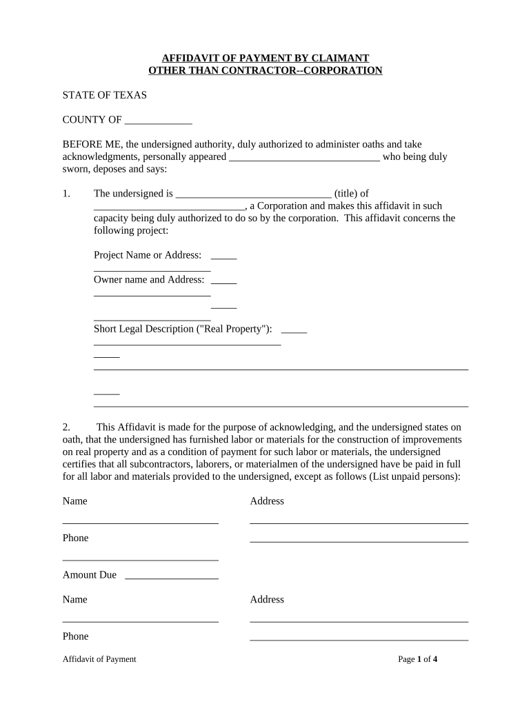 Affidavit Payment Contractor  Form