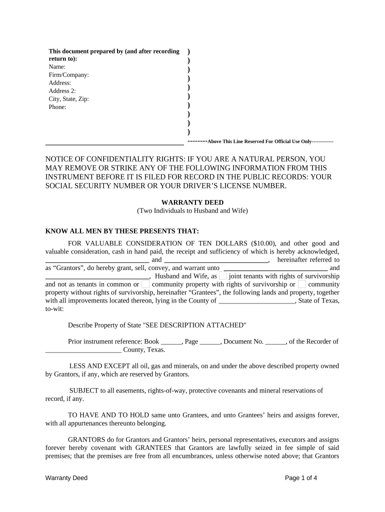 Warranty Deed from Two Individuals to Husband and Wife Texas  Form