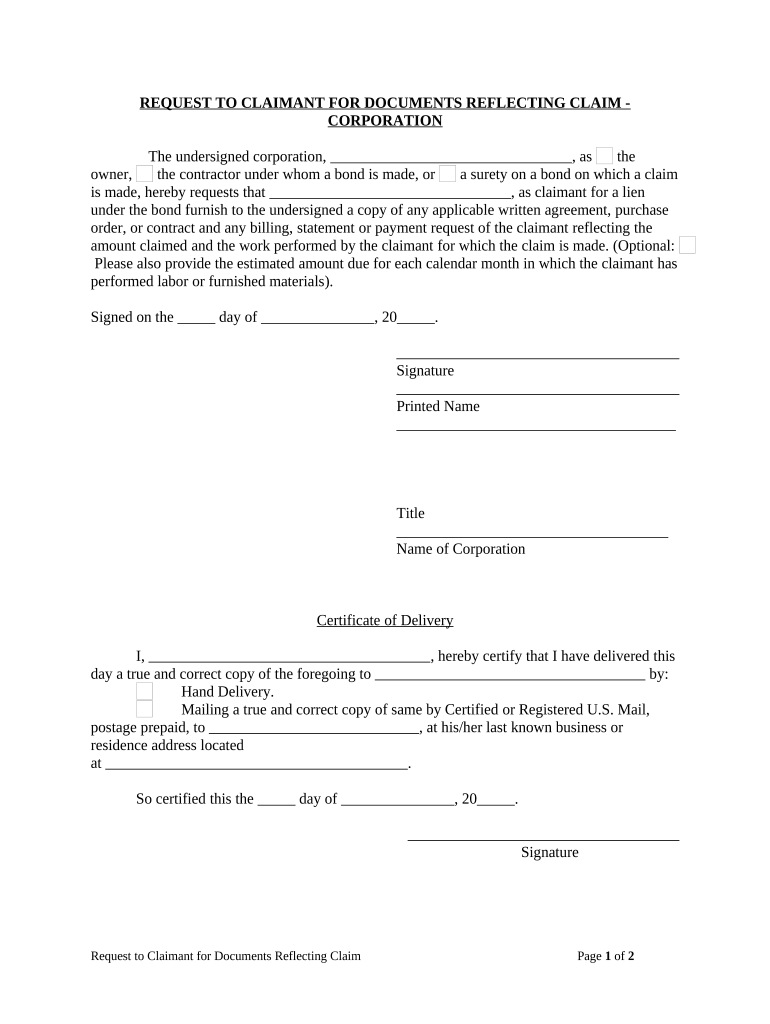 Request to Claimant for Documents Reflecting Claim Corporation or LLC Texas  Form