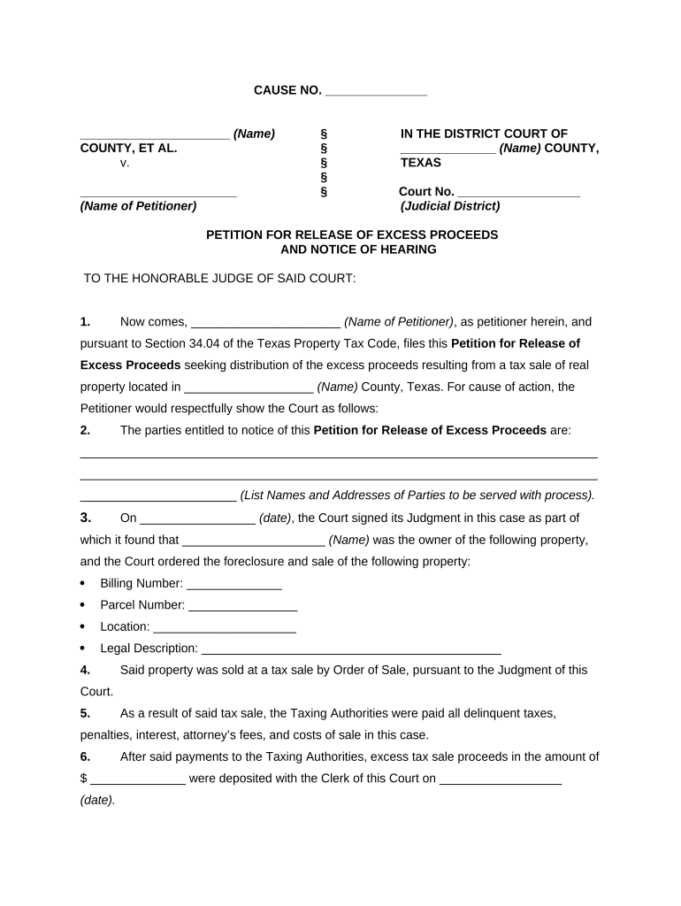 Petition for Release of Excess Proceeds and Notice of Hearing Texas  Form