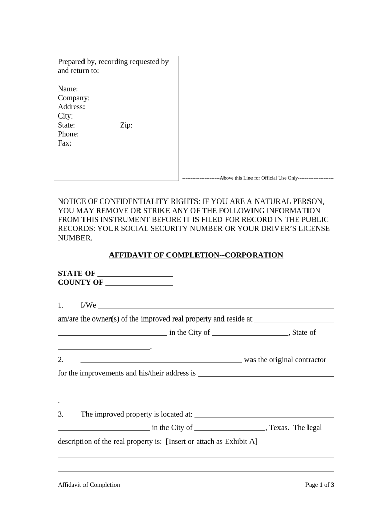 Texas Affidavit Completion  Form